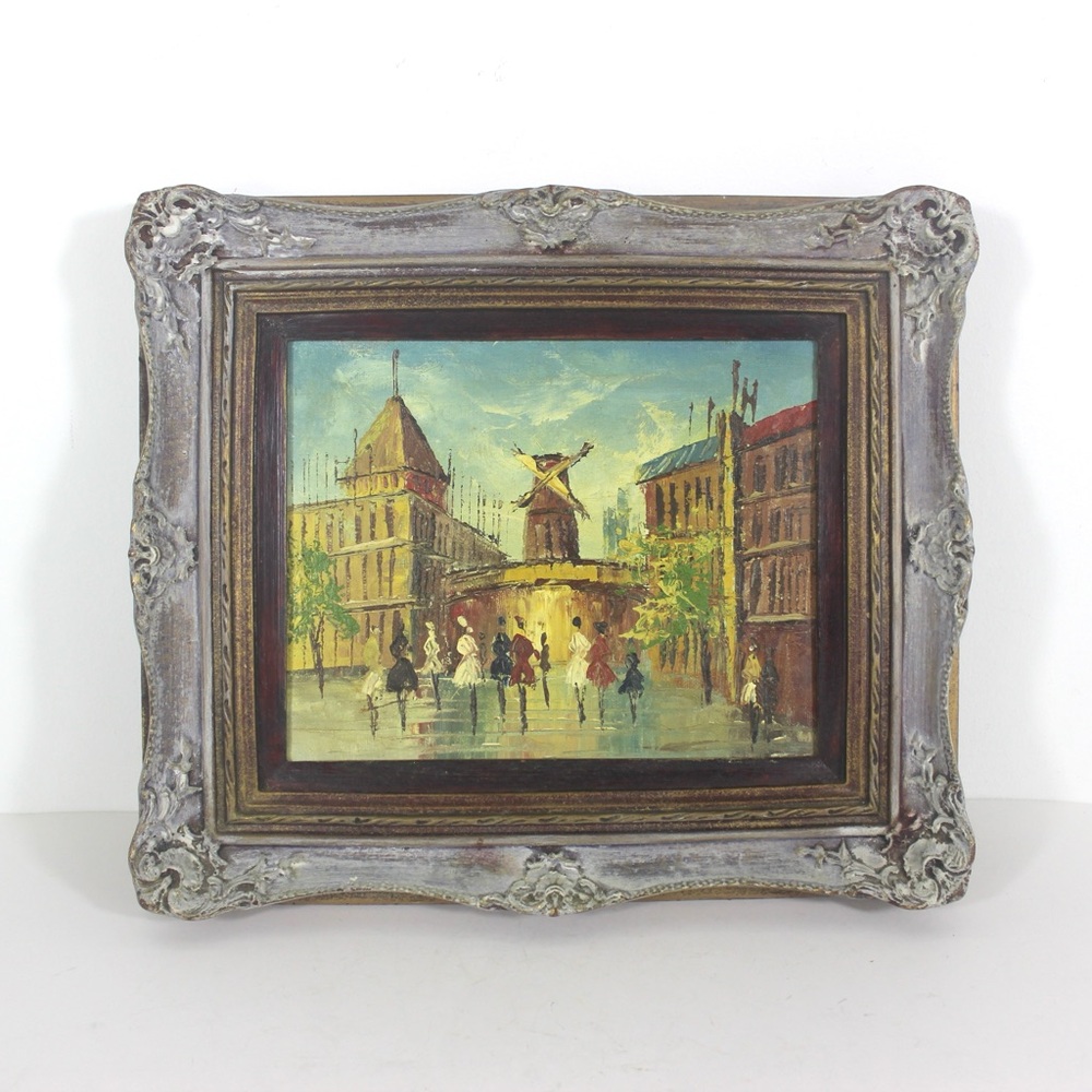 Vintage European City Scene Paris France Oil Painting, Framed Small Original Art